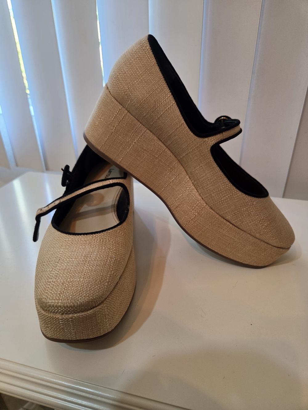 Larroude Beige Platform Mary Jane Pumps with Black Trim